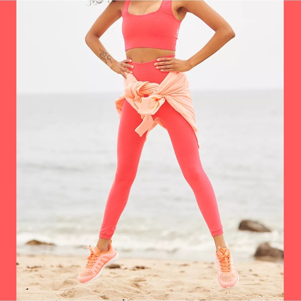 NWT M/L Free People High-Rise 7/8 Length Good Karma Leggings Neon Coral